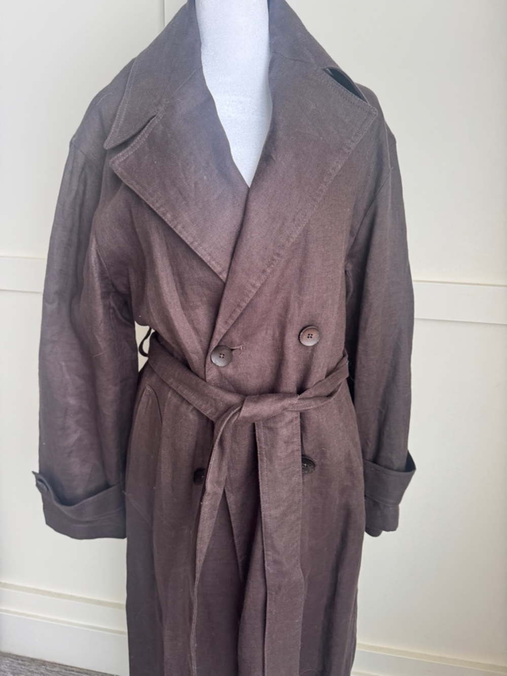 Mango Brown Double-Breasted Linen Trench Coat - Picture 4 of 16